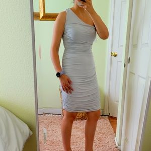 H&M one shoulder satin rouched grey dress.